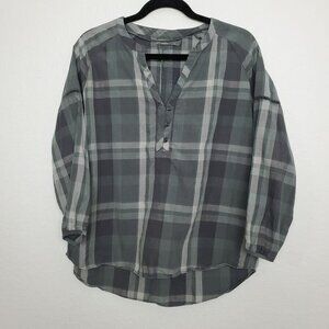 Prana Womens Elena Top Size S Plaid Raglan Sleeve Gravel Gray V-Neck